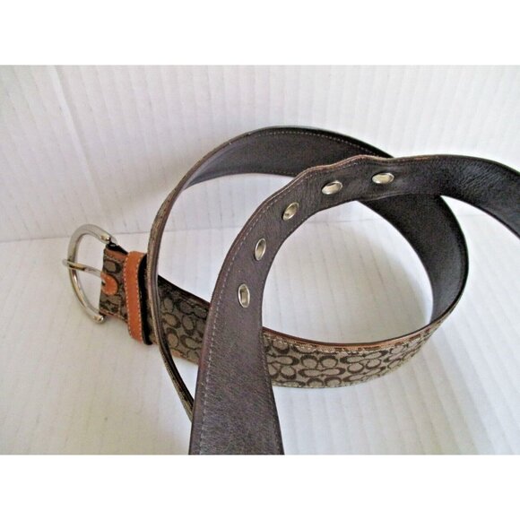 *COACH Brown Tan Belt Small Canvas LOGO D-Ring Silver Buckle - Large - Picture 7 of 7